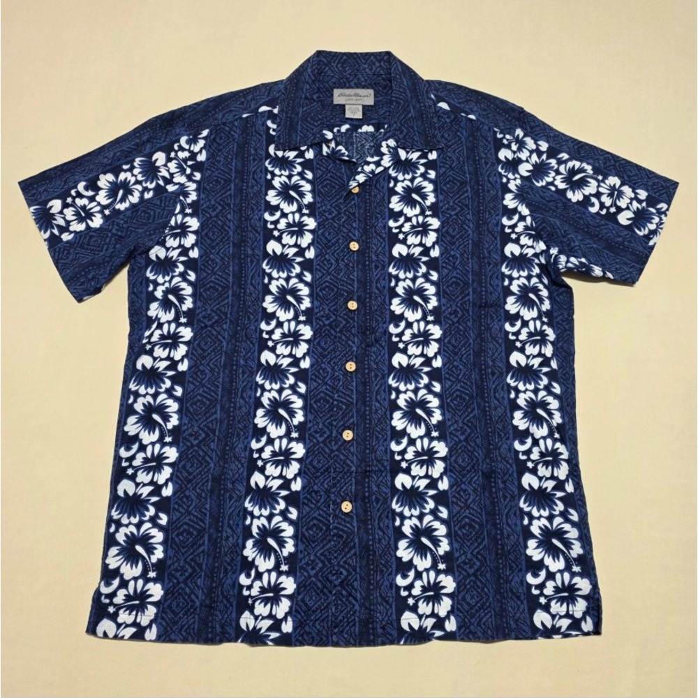 Eddie Bauer Men Small Linen Blend Hawaiian Shirt Blue Floral Print Reg Fit